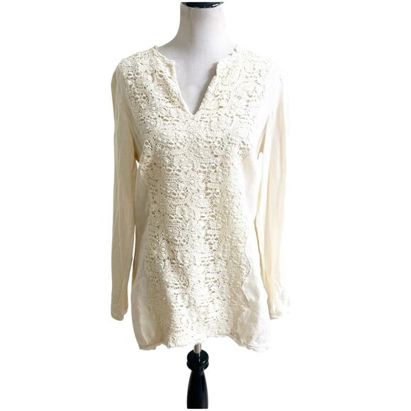 I.N.C. International Concepts Crochet Yoke 100%% Linen Floral Tunic Ivory 10 - Picture 1 of 12
